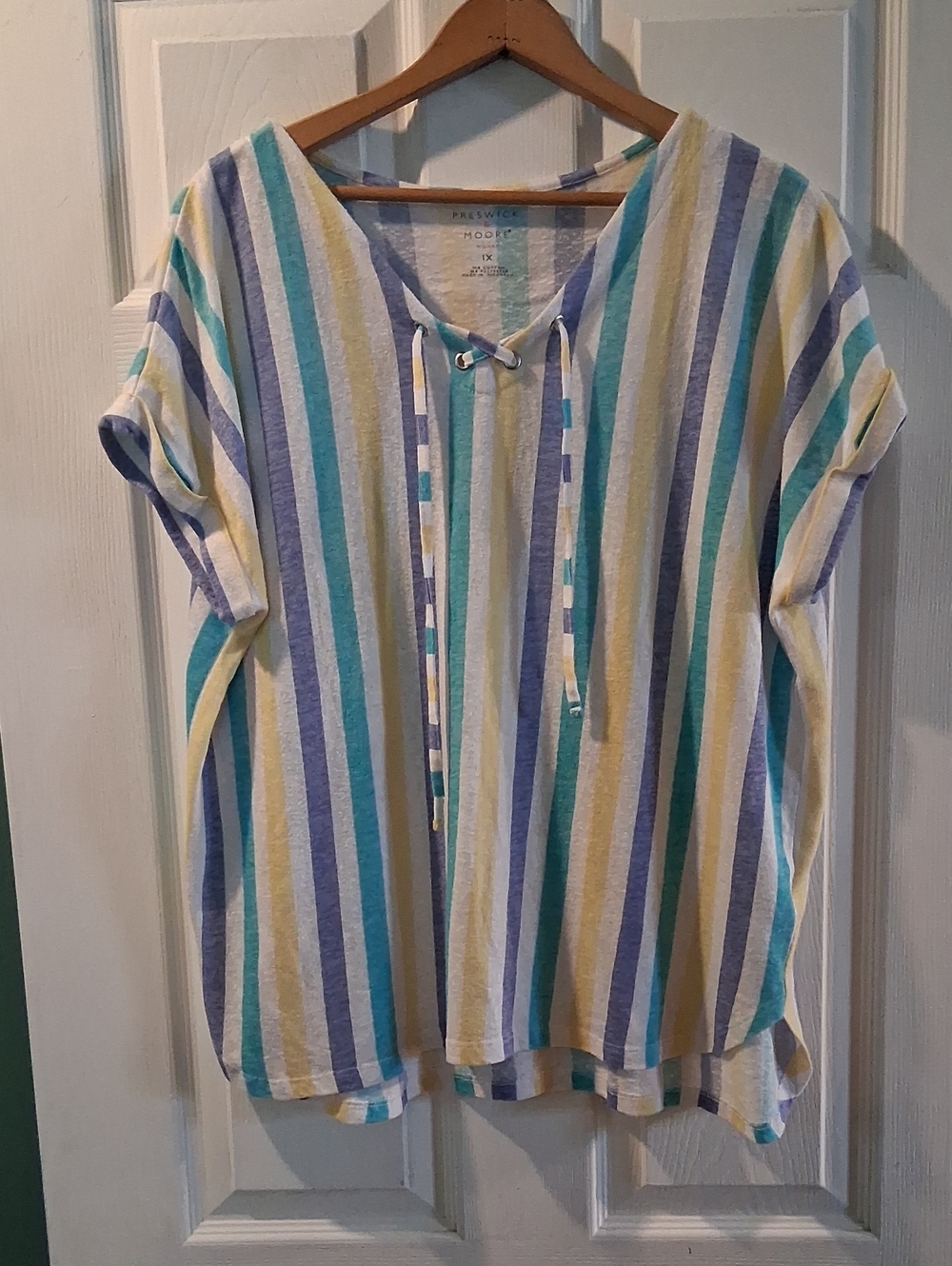 Preswick & Moore Striped Lace-Up V-Neck Tunic in Blue, Teal, Yellow, White